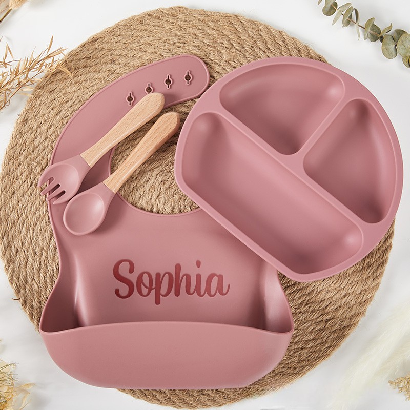 Personalized Feeding Set with Name Cartoon Weaning Set for Baby Eco Friendly Baby Plate Silicone Weaning Set Baby Shower Gift