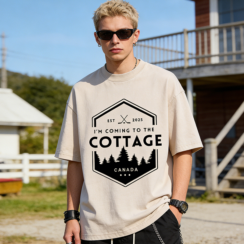 Personalized I'm Coming To The Cottage Canada Washed T-Shirt Forest and Hockey Graphic Tee for Hockey and Nature Lovers