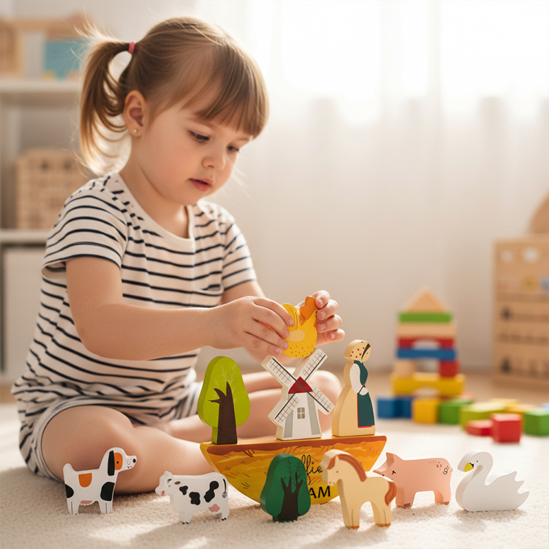 Personalized Wooden Farm Stacking Toy Set for Kids Custom Name, Creative and Educational Play