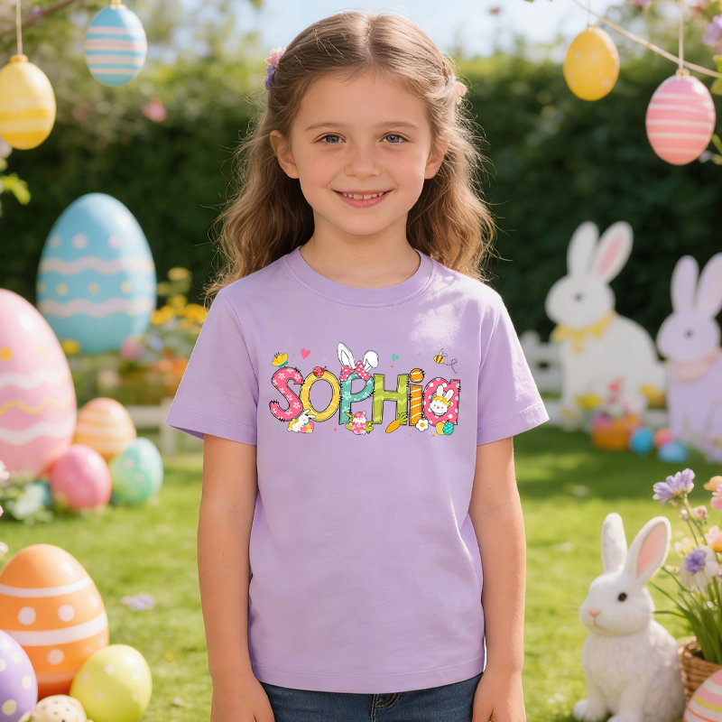 Personalized Cute Bunny Alphabet Easter 100% Cotton Kid T-shirt with Name Easter Egg Hunt Easter Gift for Boys Girls