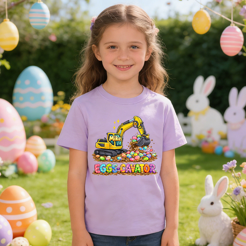 Personalized Cute Bunny Eggs-Cavator Excavator 100% Cotton Kid T-shirt with Name Easter Egg Hunt Easter Gift for Boys Girls