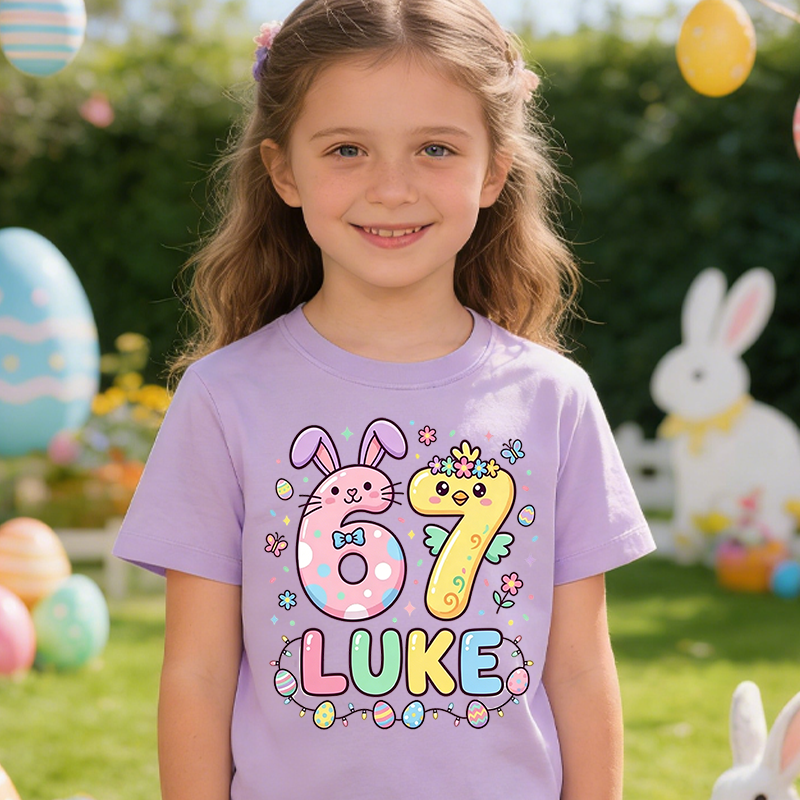 Personalized Cute Bunny 67 Easter 100% Cotton Kid T-shirt with Name Easter Egg Hunt Easter Gift for Boys Girls