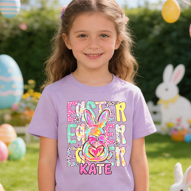 Personalized Cute Bunny Happy Easter Comfort Colors 100% Cotton Kid T-shirt with Name Easter Egg Hunt Easter Gift for Boys Girls