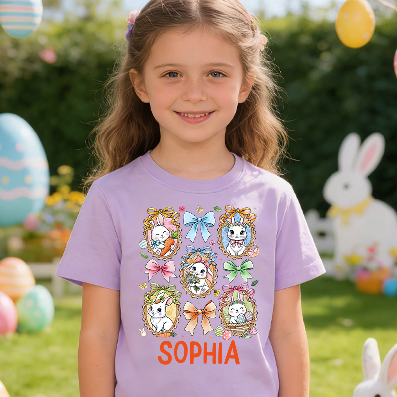 Personalized Cute Floral Coquette Easter Bunny  100% Cotton Kid T-shirt with Name Easter Egg Hunt Easter Gift for Boys Girls