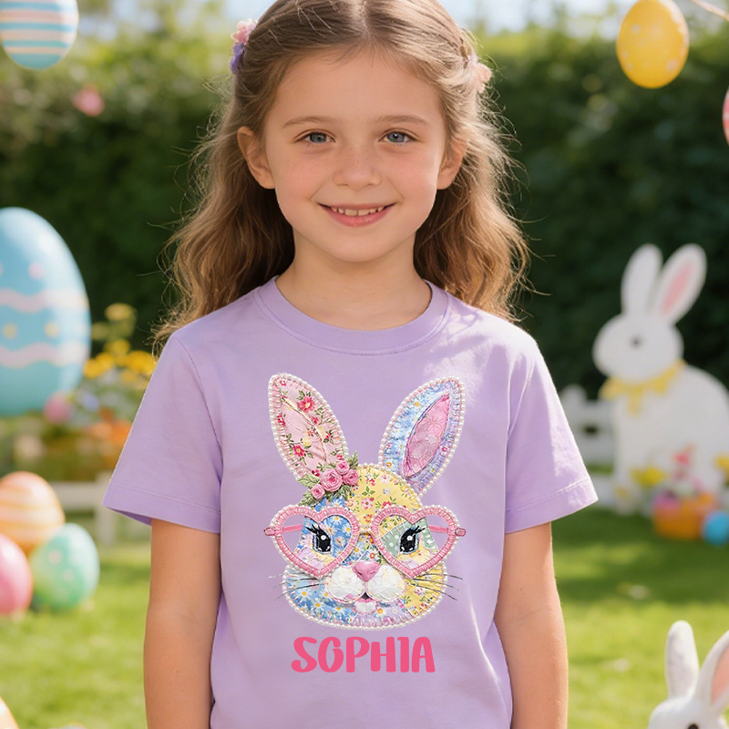 Personalized Cute Floral Bunny Patchwork 100% Cotton Kid T-shirt with Name Easter Egg Hunt Easter Gift for Boys Girls