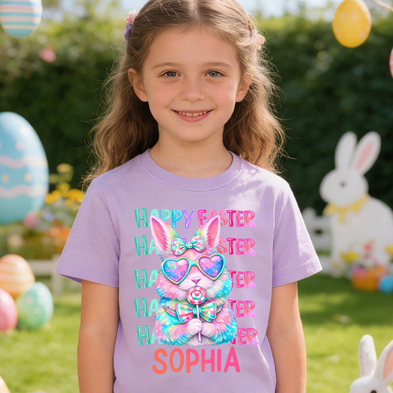 Personalized Coquette Easter Bunny 100% Cotton Kid T-shirt with Name Easter Egg Hunt Easter Gift for Boys Girls