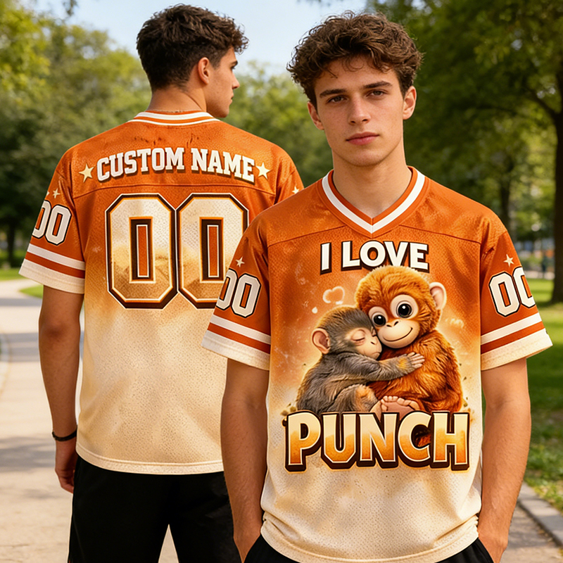 Personalized "I Love Punch" Monkey Hug Mesh Football Jersey Custom Name & Number Personalized Monkey Game Day Shirt