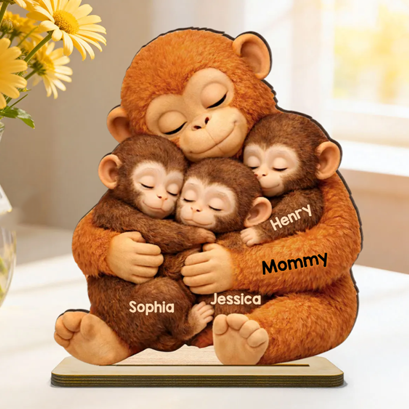 Personalized Mother Monkey Children Baby Punch Monkey Custom 2 Layered Wooden Plaque Heartfelt Mother S Day Gift for Mom Wife