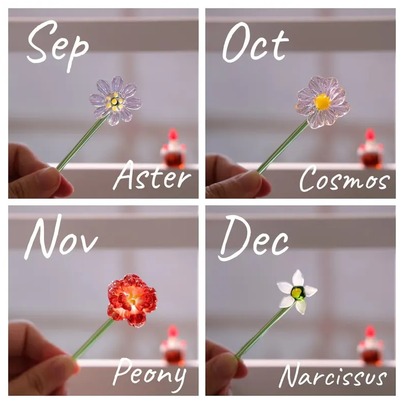 Hand Blown Glass Flower Bouquet with Birth Month Heart & Birthstone – Topper Mother's Day Gift for Her