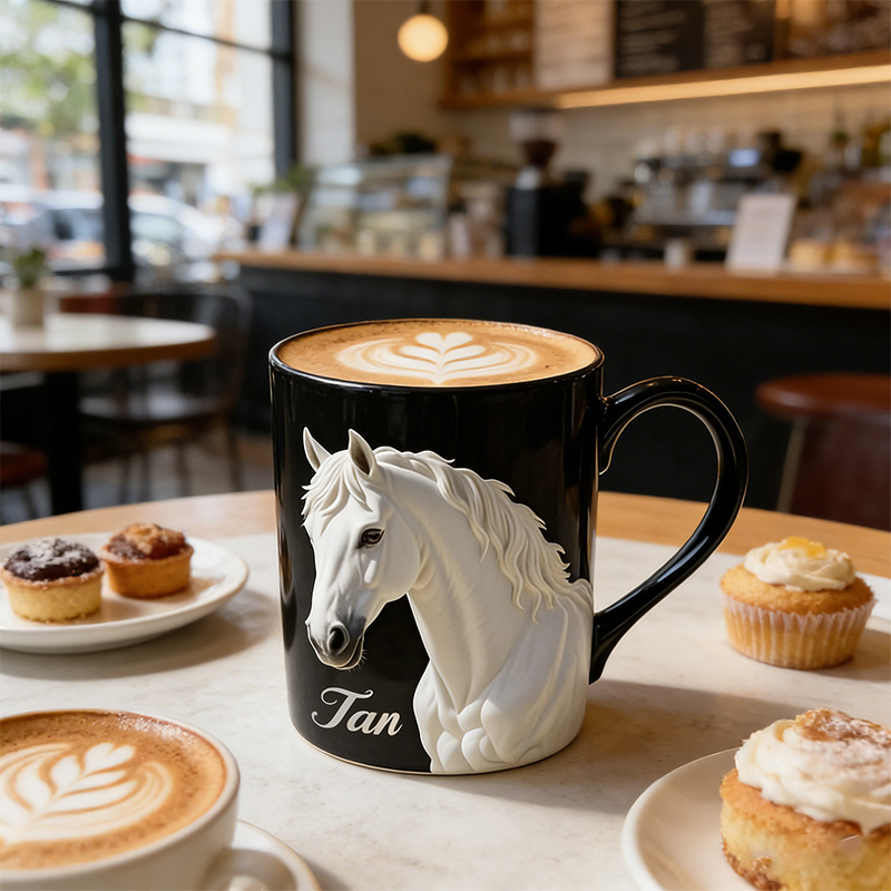Personalized 3D White Horse Coffee Mug Custom Name Gift for Riders and Equestrian Enthusiasts