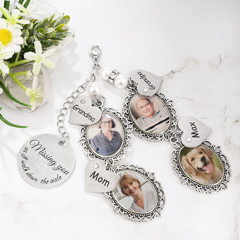 Personalized Lace Oval Photo Bouquet Charm with Heart Engraved Pendant Memorial Wedding Gift for Bride