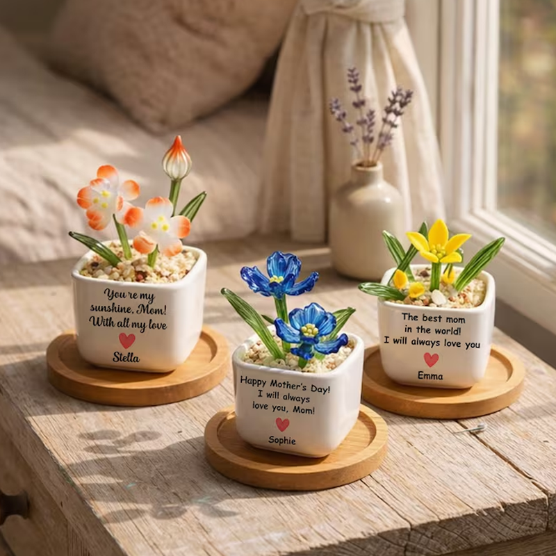 Personalized Glass Everlasting Birth Flowers Potted Mom Flower Gift Hand Blown Glass Potted Mothers Day Gifts Gift for Mom Grandma Aunties Sisters
