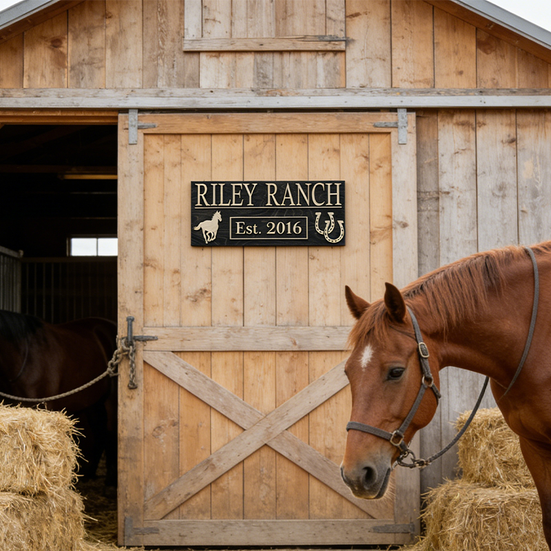 Personalized Horse Ranch Wooden Sign Custom Farm Name Sign with Horse and Horseshoe Decor for Farmhouse and Equestrian