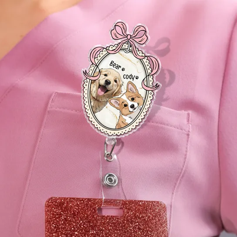 Personalized Dog Watercolor Photo Badge Reel Custom Pet Portrait Photo Badge Reel Nurse Badge Reel Retractable Badge Holder 