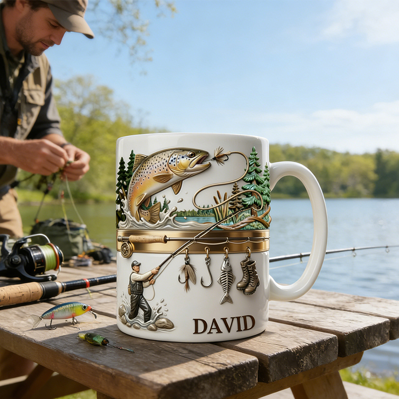 Personalized Fisherman and Fishing Gear Mug with Custom Name Tea Cup for Dad Grandpa or Fishing Lovers