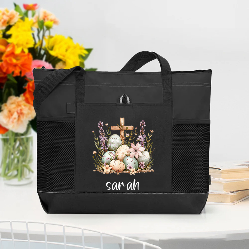 Personalized Easter Eggs Floral Cross Zipper Tote Bag with Name and Mesh Pocket Prayer Day Easter Storage Holiday Gift for Women Christian