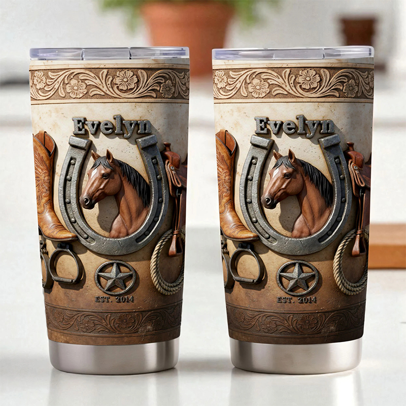 Personalized Cowboy Boot and Horse Tumbler Custom Name Insulated Tumbler for Horse Riders and Cowgirls