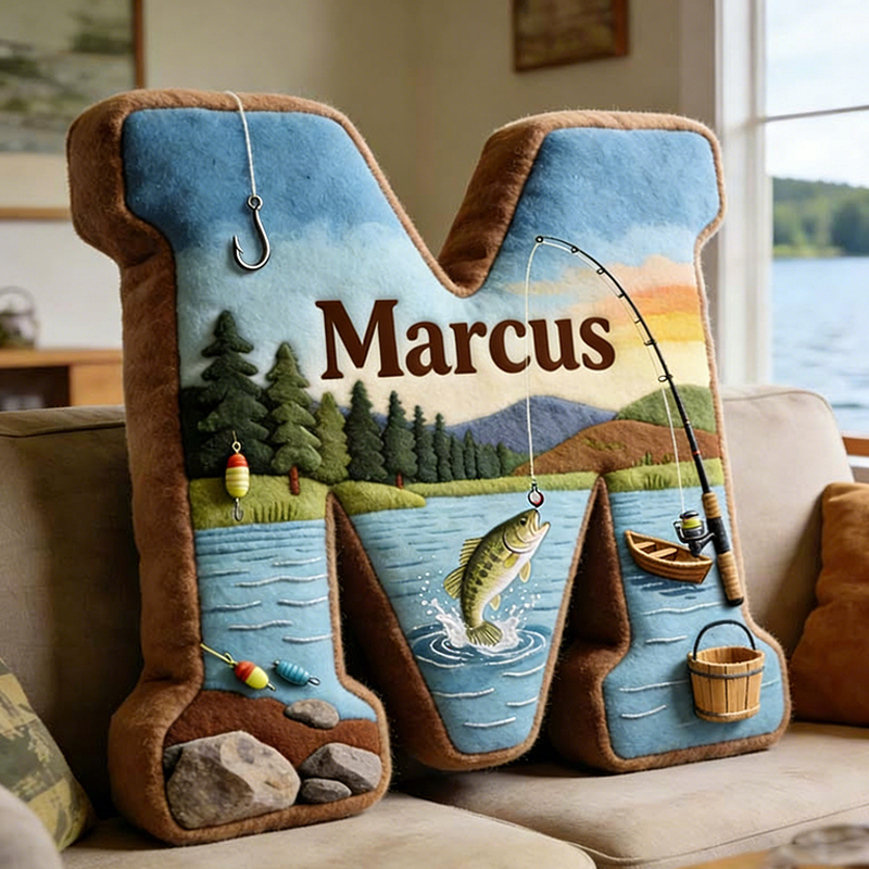 Personalized Fishing Letter Pillow with Custom Name Nature Themed Cushion for Outdoor and Fishing Lovers