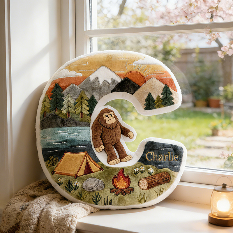 Personalized Sasquatch Camping Alphabet Initial Letter Pillow Gifts For Camping Lovers and Bigfoot Seekers