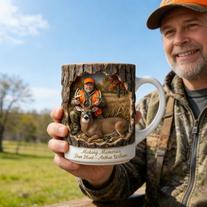 Personalized Hunting Scene Mug Custom Face Deer Hunt Present for Husband Dad Boyfriend