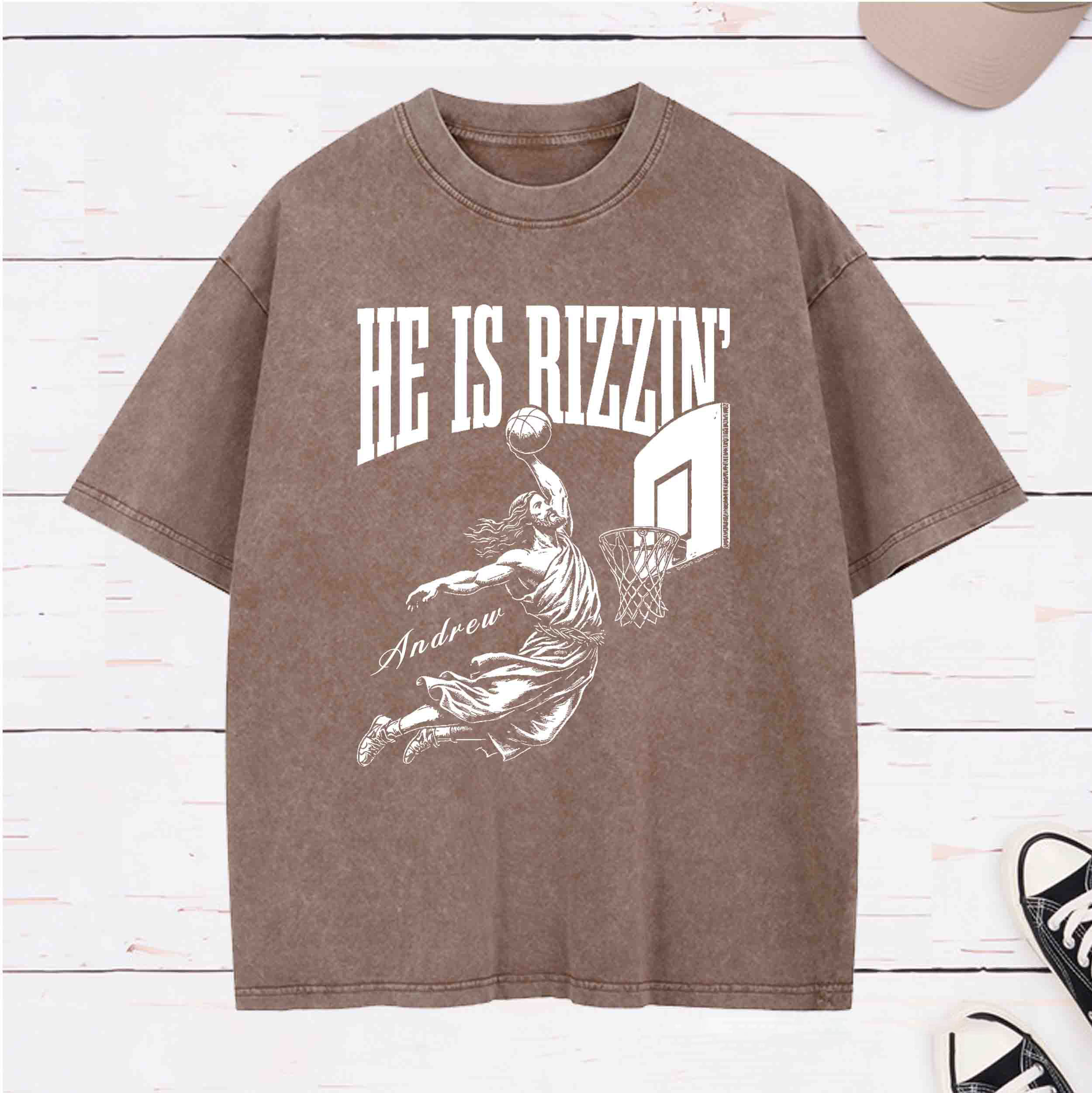 Personalized Character He is Rizzin Washed T-Shirt with Name Birthday Easter Gift for Christian