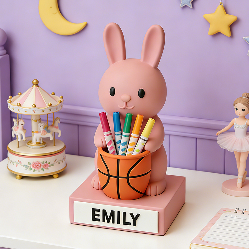 Personalized Basketball Bunny 3D Printed Pen Holder with Custom Name for Kids and Students
