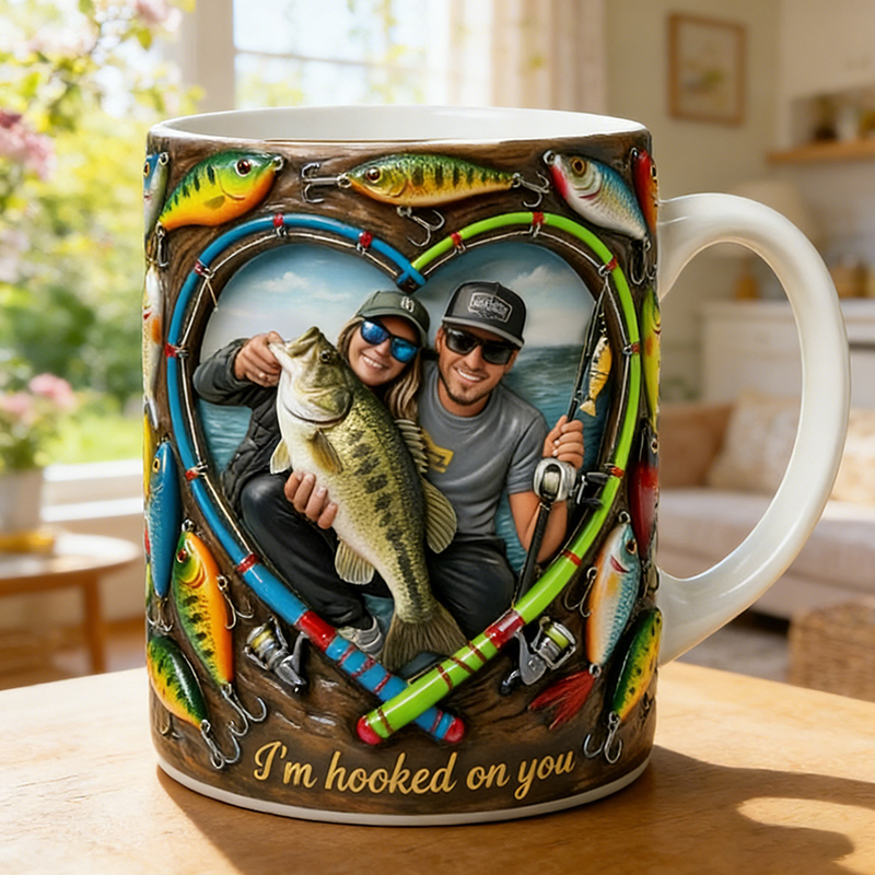 Personalized "I'm Hooked On You" Fishing Mug Custom Photo Gift for Angler Couples