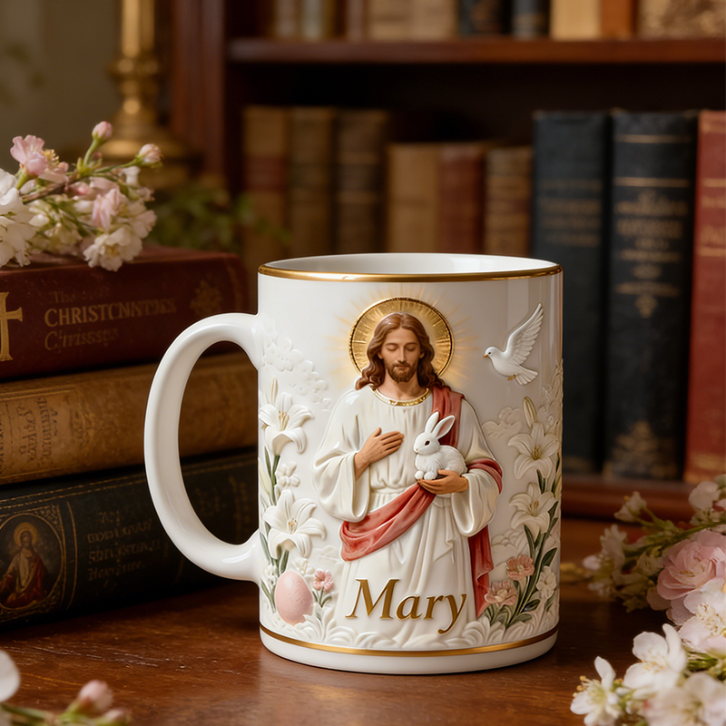 Personalized Jesus and Bunny Christian Easter Mug with Lily Floral Design Custom Name Gift for Religious Gift