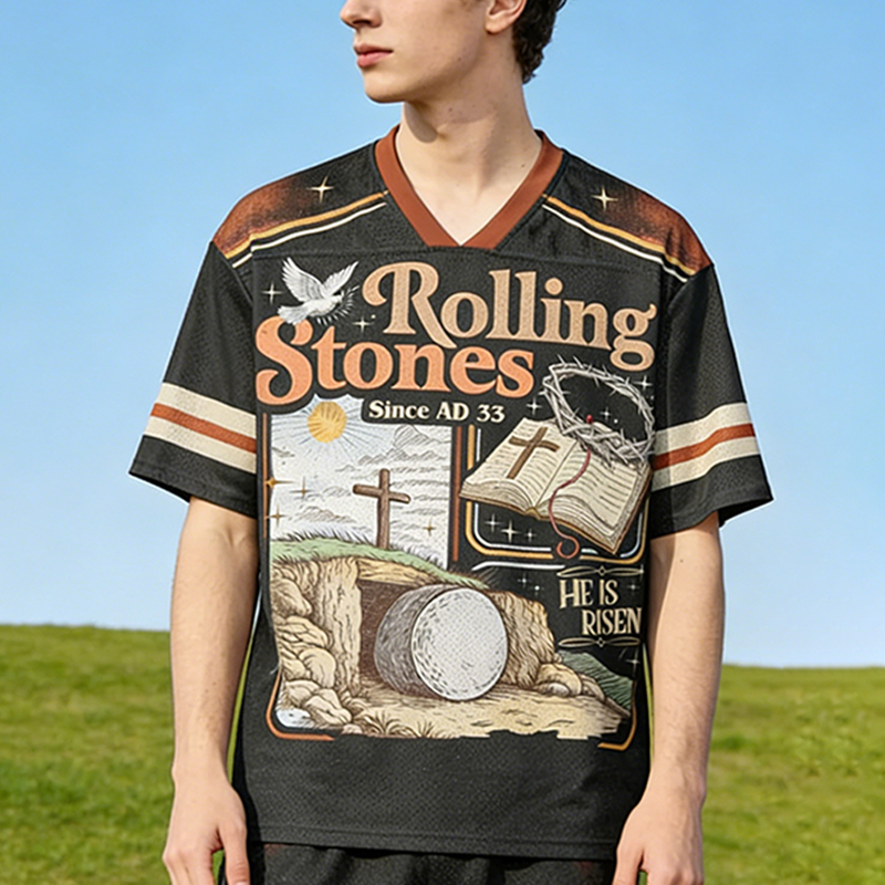 Personalized Rolling Stones He Is Risen Mesh Football Jersey Custom Name and Number Religious Easter Gift for Faithful Fans
