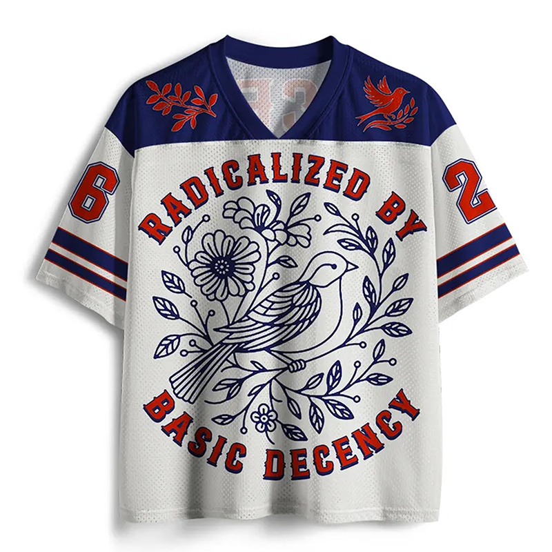 Personalized Radicalized By Basic Decency Mesh Football Jersey Custom Number Bird and Floral Social Justice Tee
