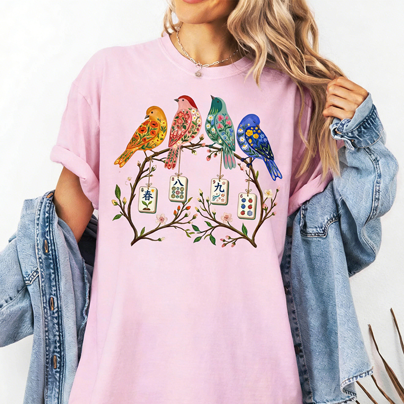 Mahjong Bird on Tile Branch T-Shirt Spring Mahjong Shirt Girls Night Game Mahjong Love Spring Mahjong Bird Shirt Mother's Day Gift for Mahjong Lover Mama