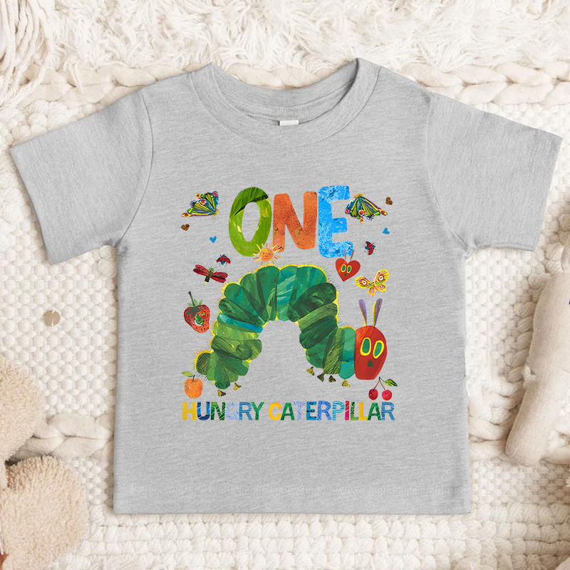 Personalized Colorful Name Age Print Cute Baby Outfit Fun Celebration Party Outfit Soft Cotton Toddler Tee Personalized Hungry Caterpillar First Birthday Shirt