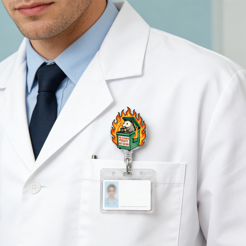 Personalized Possum Badge Reel Funny Dumpster Fire Nurse ID Holder Retractable Clip for Office and Hospital Staff