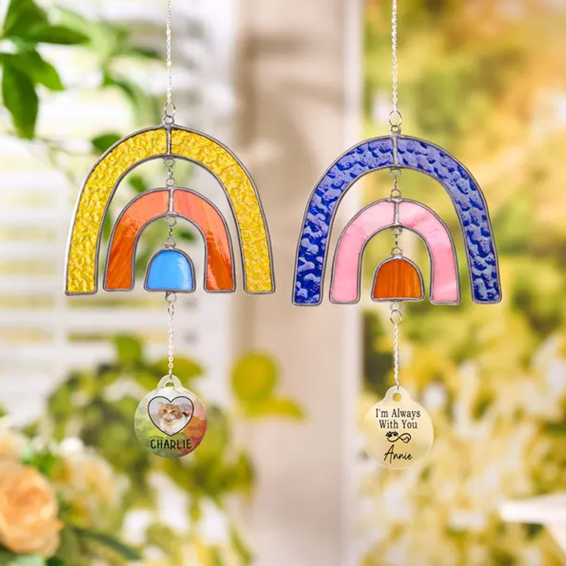 Personalized Rainbow Bridge Stained Glass Sun Catcher Custom Photo Pet Loss Gift Pet Memorial Ornament Dog Mom Gift Pet Grave Markers