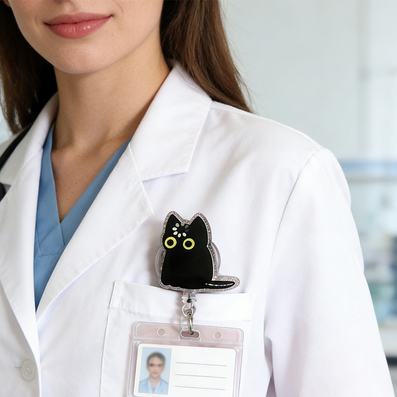 Personalized Black Cat Loading Badge Reel Funny Void Cat Meme Retractable ID Holder for Medical and Office Staff
