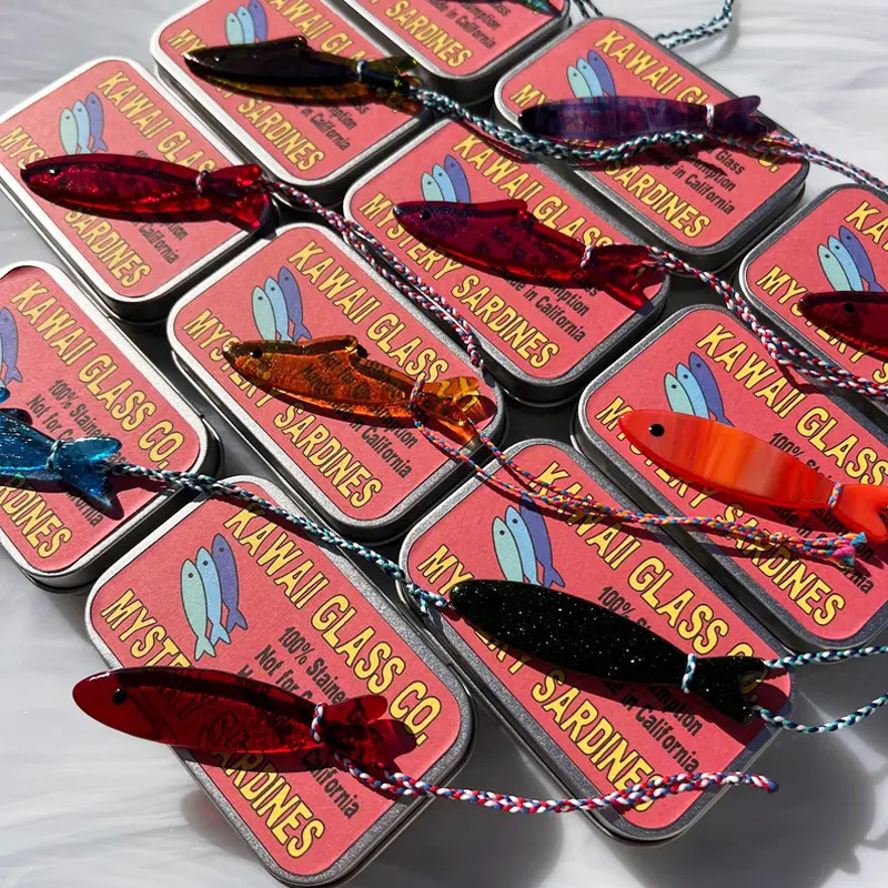 Wonky-Dines! Mystery 6-Pack of Stained Glass Sardine Suncatchers with Metal Tin! Handmade Sardine Suncatcher