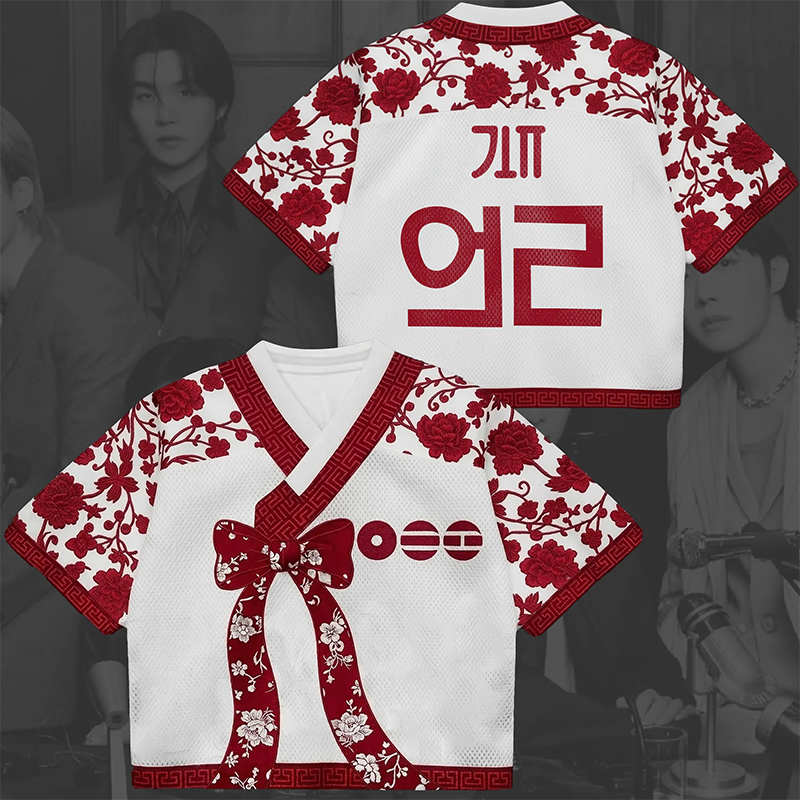 Personalized K-Pop Fan Jersey Red Floral Hanbok Style Mesh Crop Jersey Concert Jersey for Fans