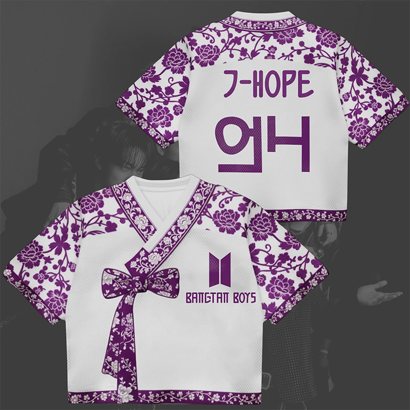 Personalized Bangtan Boys Hanbok Crop Jersey BTS K-Pop Flowery Purple Arirang World Tour Hanbok Style Mixed Mesh Jersey Gift For Army