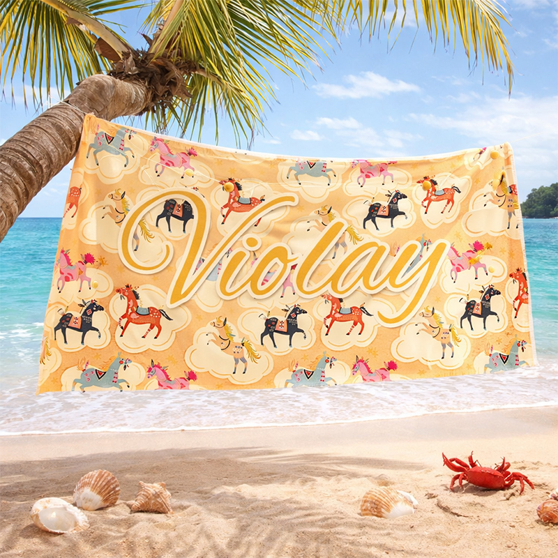 Personalized Whimsical Carousel Beach Towel Custom Text Vintage Horse Beach Towel Summer Gifts for Beach Lovers