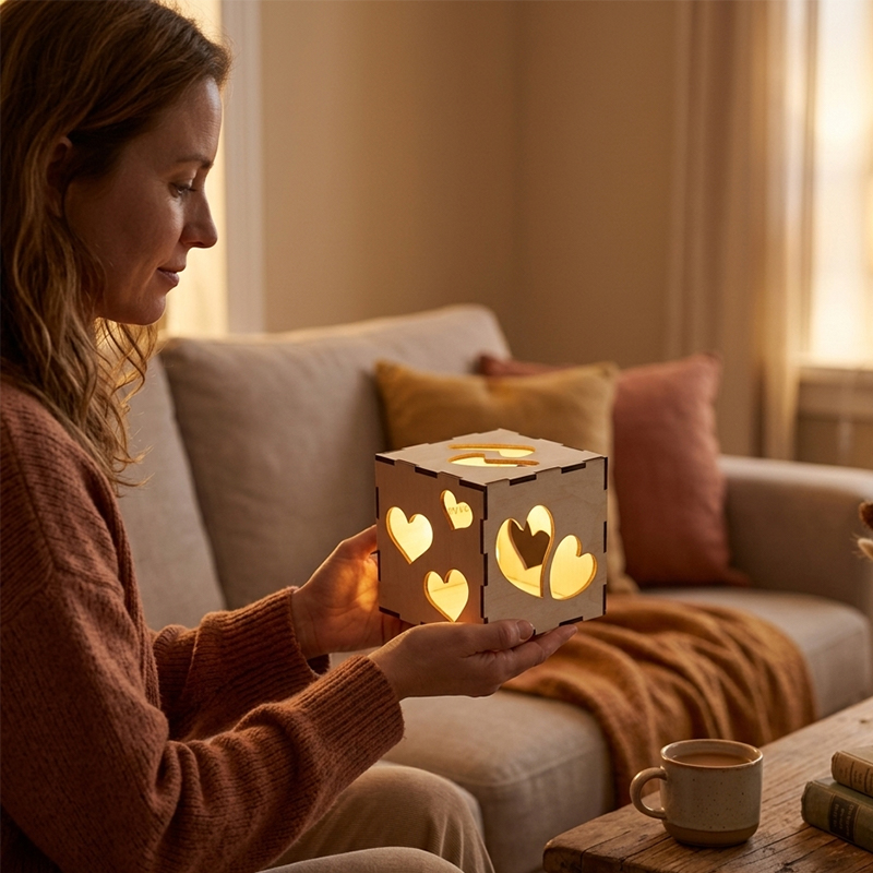 Personalized Mothers Day Gift Heart Cutout Wooden Night Light Custom Text Projection Lamp for Mom