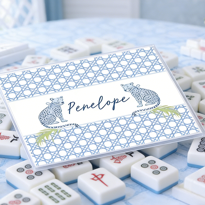 Personalized Blue Rattan Cheetah Mahjong Tile Cover Custom Name Tropical Palm Mahjong Tile Cover for Game Nights