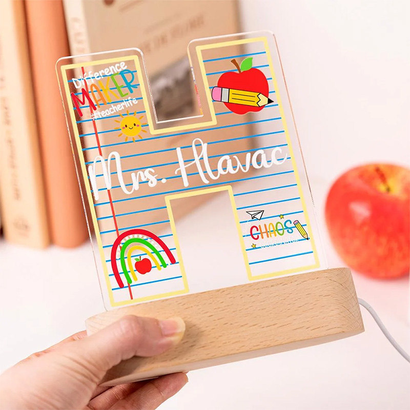 Personalized "Difference Maker" Apple Pencil LED Night Light Custom Name with Wooden Base Teacher's Day Appreciation Gift