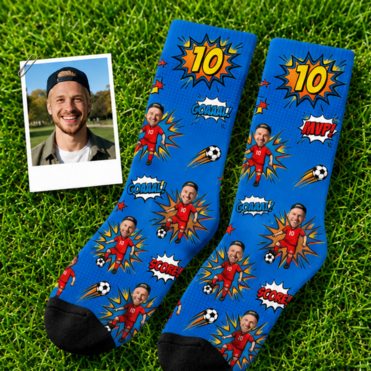 Personalized Face Soccer Socks Custom Photo and Number Soccer Crew Socks Sports Fan Gift
