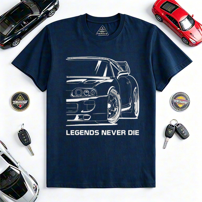Legends Never Die Classic JDM Sports Car Crew Neck Short Sleeve T-Shirt for Retro Import Car Fans & Automotive Gearheads