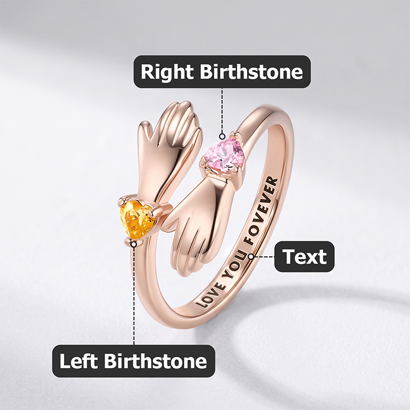 Personalized Dainty Heart Birthstone Hug Ring with Engraved Text Minimalist Jewelry Mother's Day Birthday Gift for Women