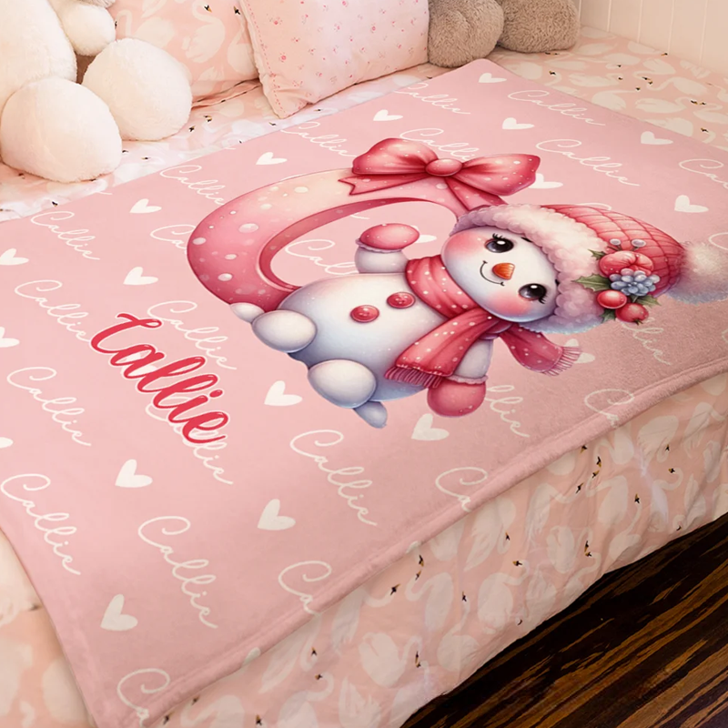 Personalized Santa Hat Snowman Initial Word Cloud Soft Throw Blanket with Name Home Decor Christmas Gift