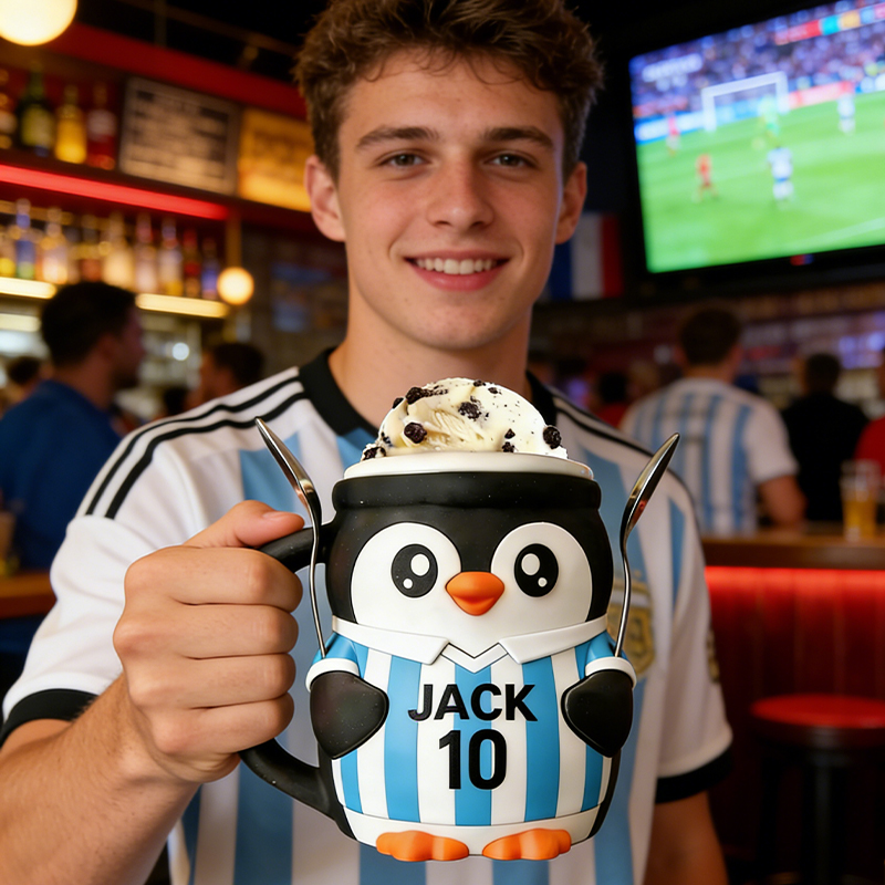Personalized Soccer World Cup Penguin Ice Cream Pint Holder 3D Printed with Spoon Slots & Snack Drawer with Custom Details for Soccer Fans