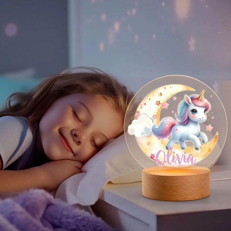 Personalized LED Night Light with Name Dream Horse Baby Pattern Room Decoration with Wooden Base Christmas Birthday Baby Shower Gift for Girl