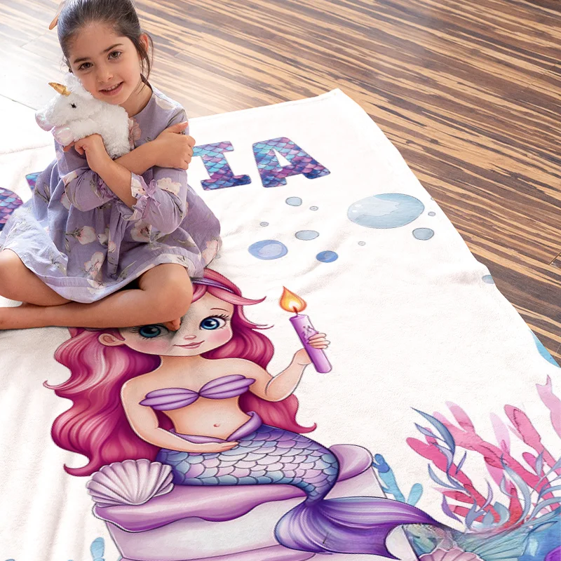 Personalized Fantasy Mermaid Underwater World Soft Throw Blanket with Name Home Decor Birthday Gift for Girls
