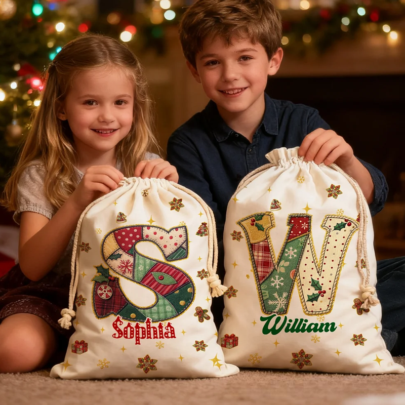 Personalized Christmas Tree Snowflake Initial Drawstring Canvas Gift Bag with Name Christmas Eve Party Favors for Kids